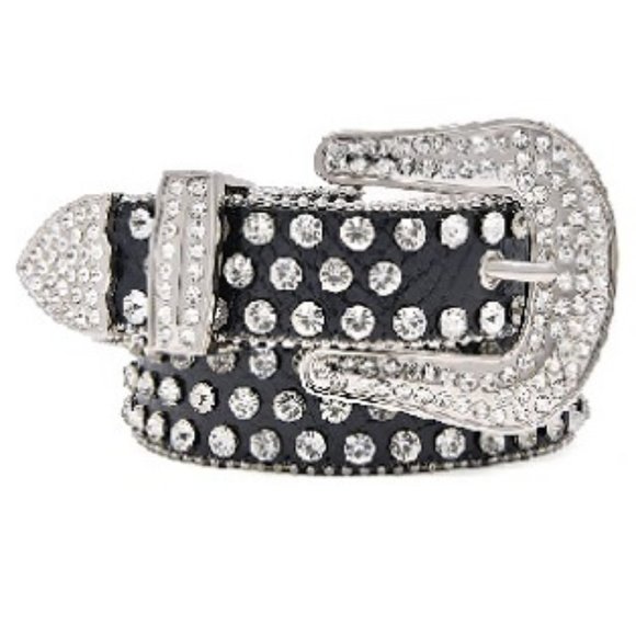 🆕 GENUINE BLACK LEATHER BELT WITH SILVER STONES - Picture 1 of 1